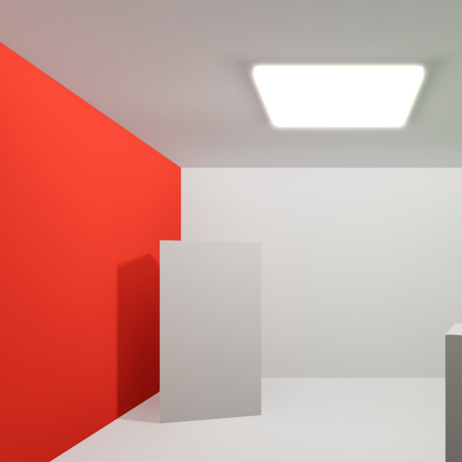 Bounced light on: the shadows fill in and the ceiling picks up a red tint