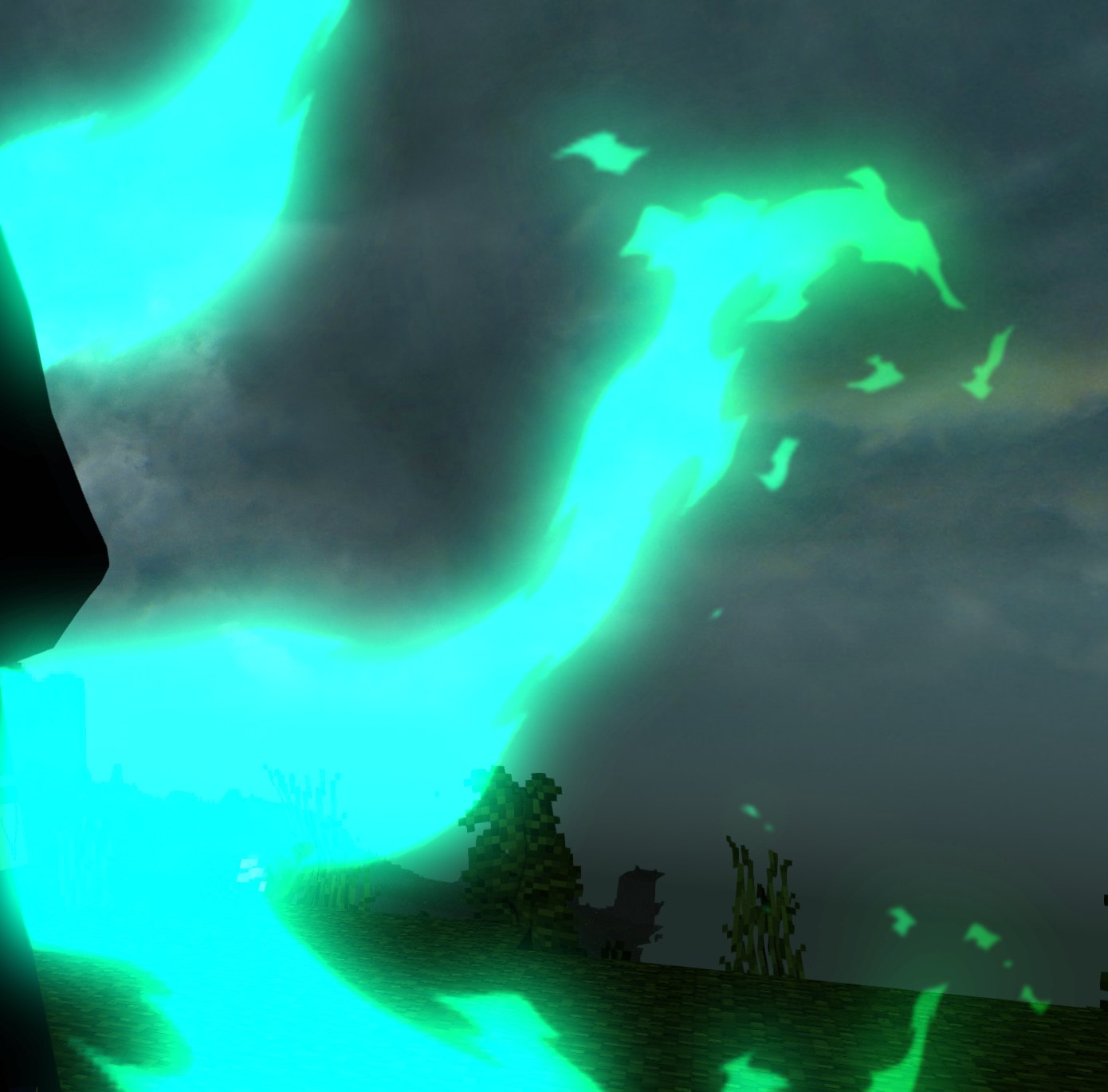 Green spell trails under a storm sky